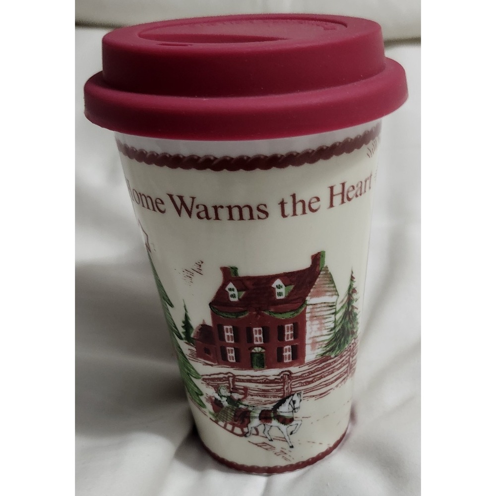 Fitz Floyd‎ Home Warms The Heart  Ceramic Go Cup Silicone Lid Christmas